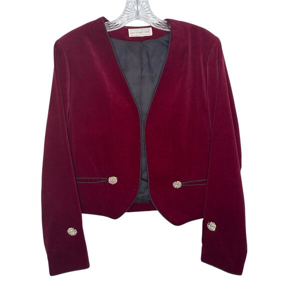 Vintage Jones New York Burgundy Velvet crop open front Blazer Jeweled Button Med - Picture 1 of 13